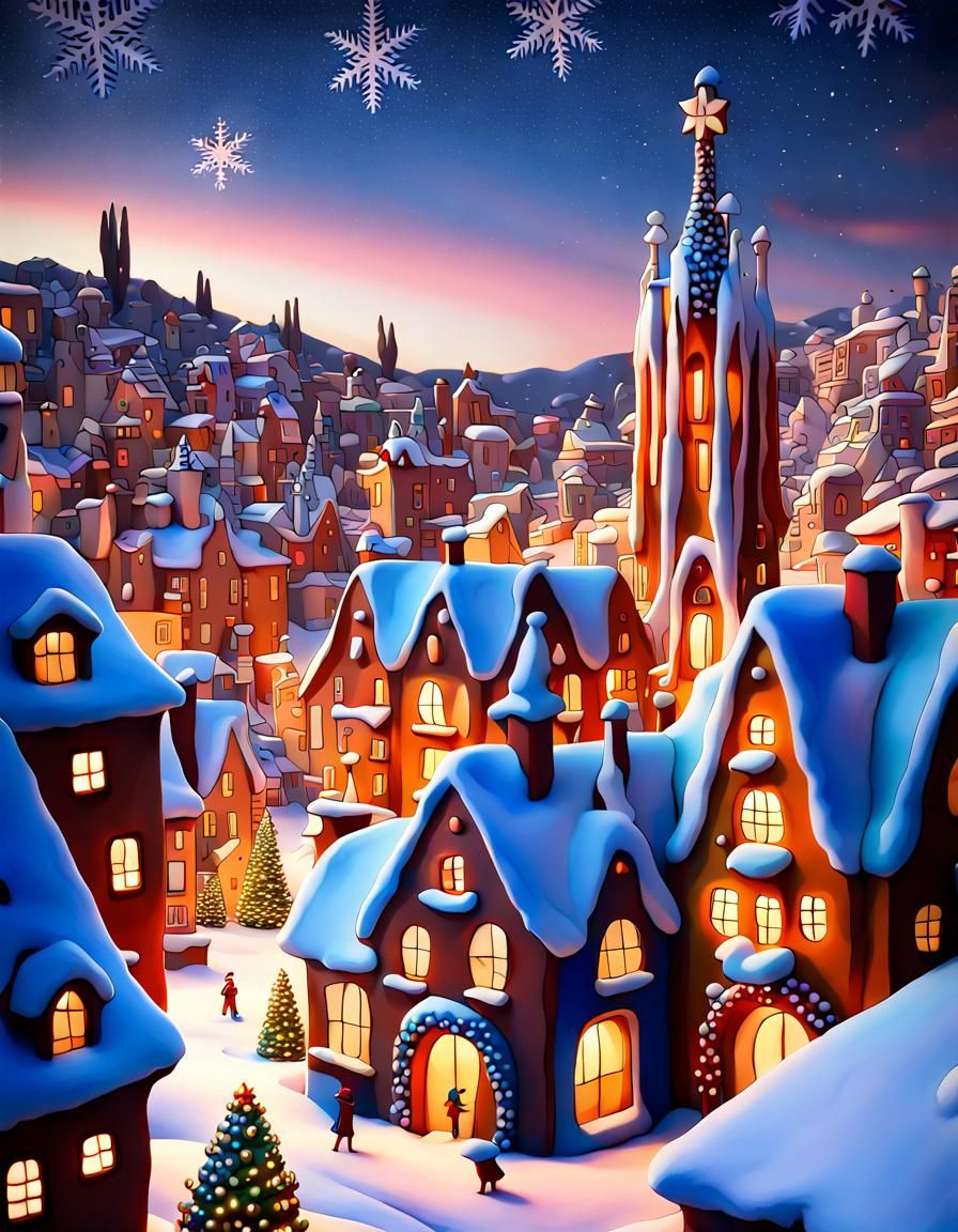 Charming Snowy Village in Gaudi Style