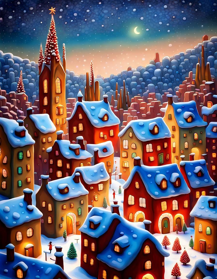 Snowy Christmas Village in Gaudi Style