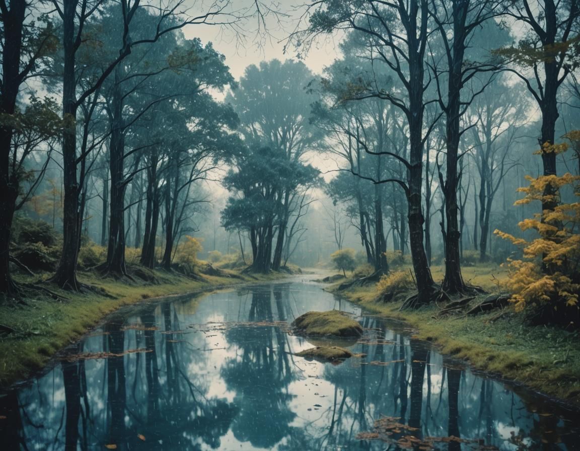 Ethereal Cyanotype Landscape Reflecting Rainy Day
