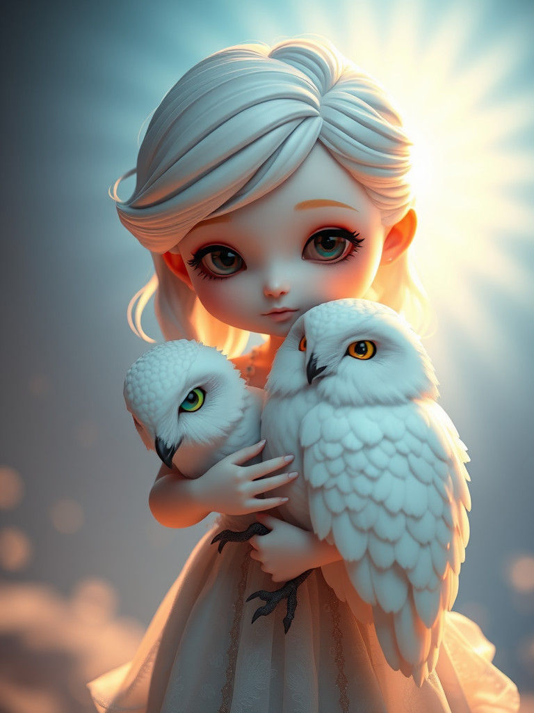 Ethereal Chibi Girl Cradling Owl: 3D Digital Art
