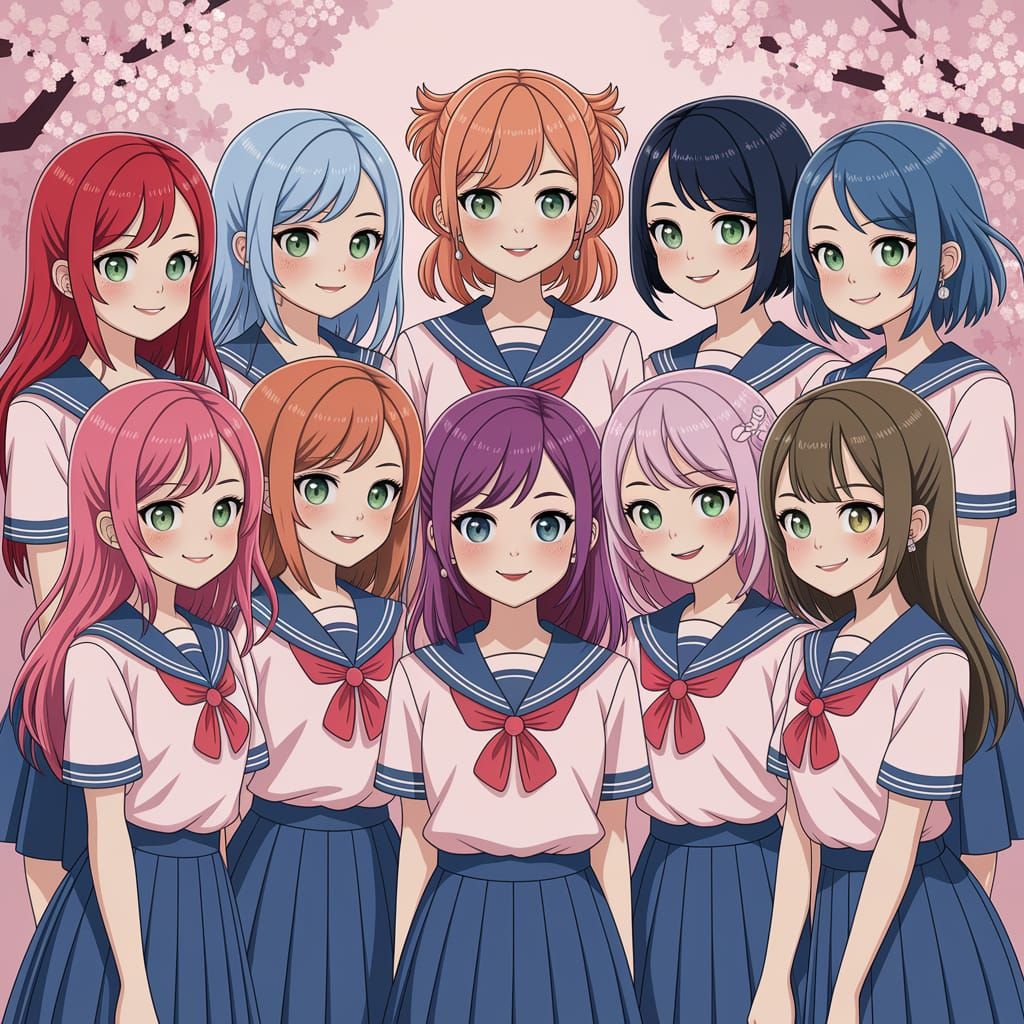 Charming Group Portrait of Young Women in Spring Cherry Blos...