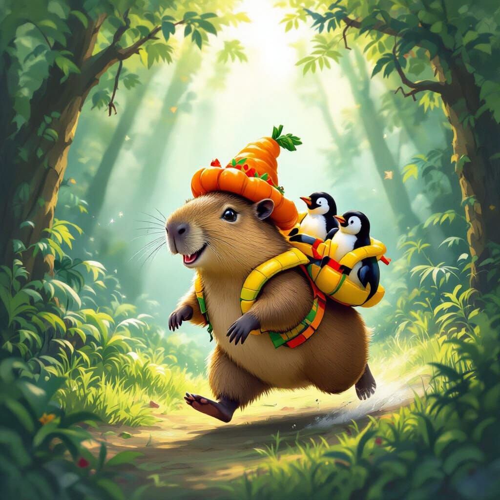 Capybara with Pumpkin Hat Carries Penguins Through Magical R...