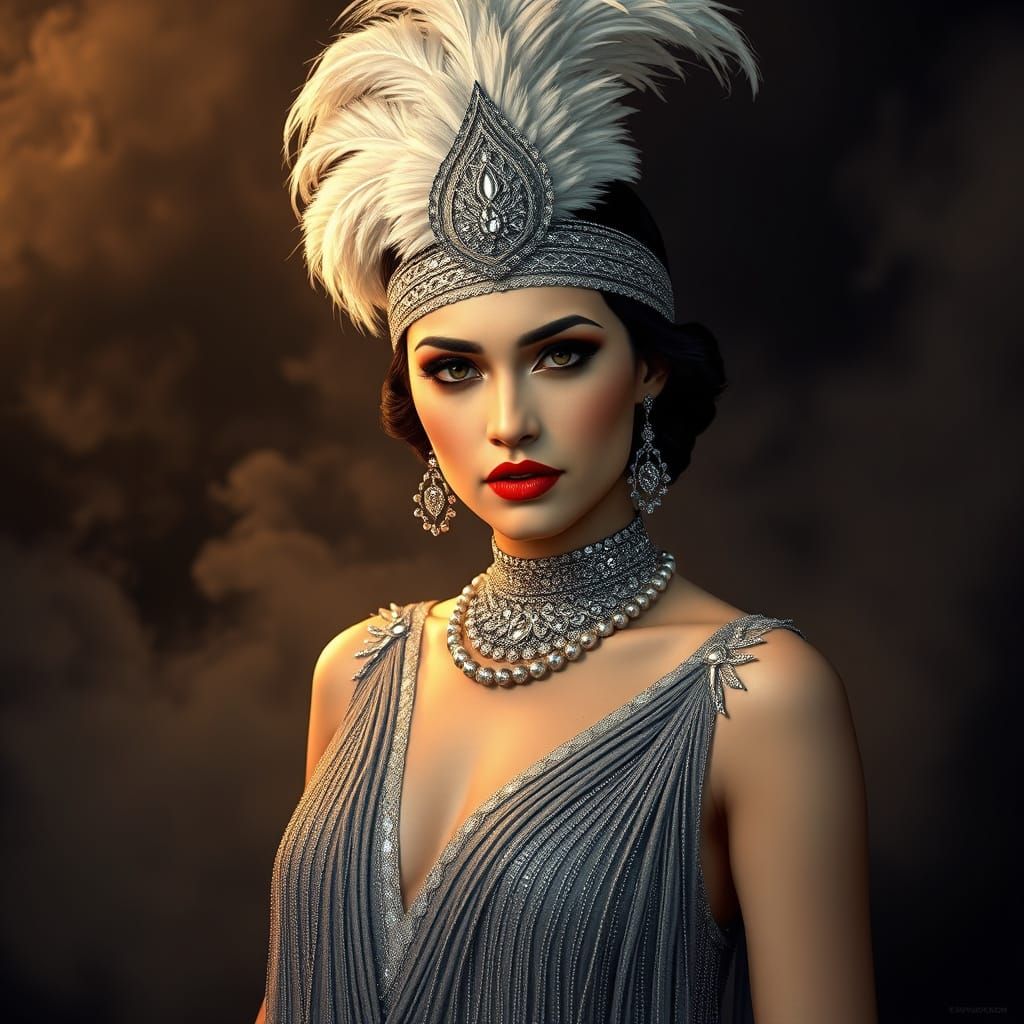 Woman in Opulent Art Deco Gown with Silver Headpiece