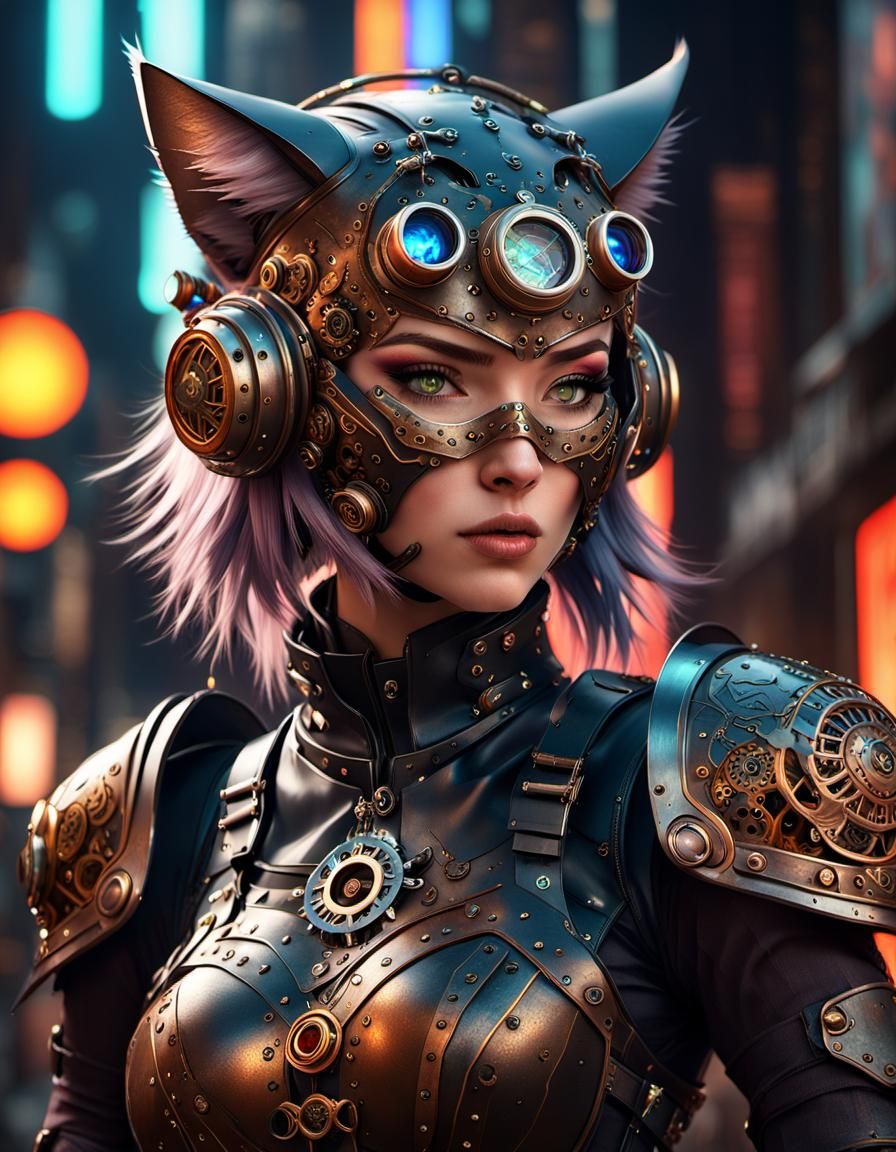 Steampunk Catgirl Portrait in a Neon Tokyo Dystopia