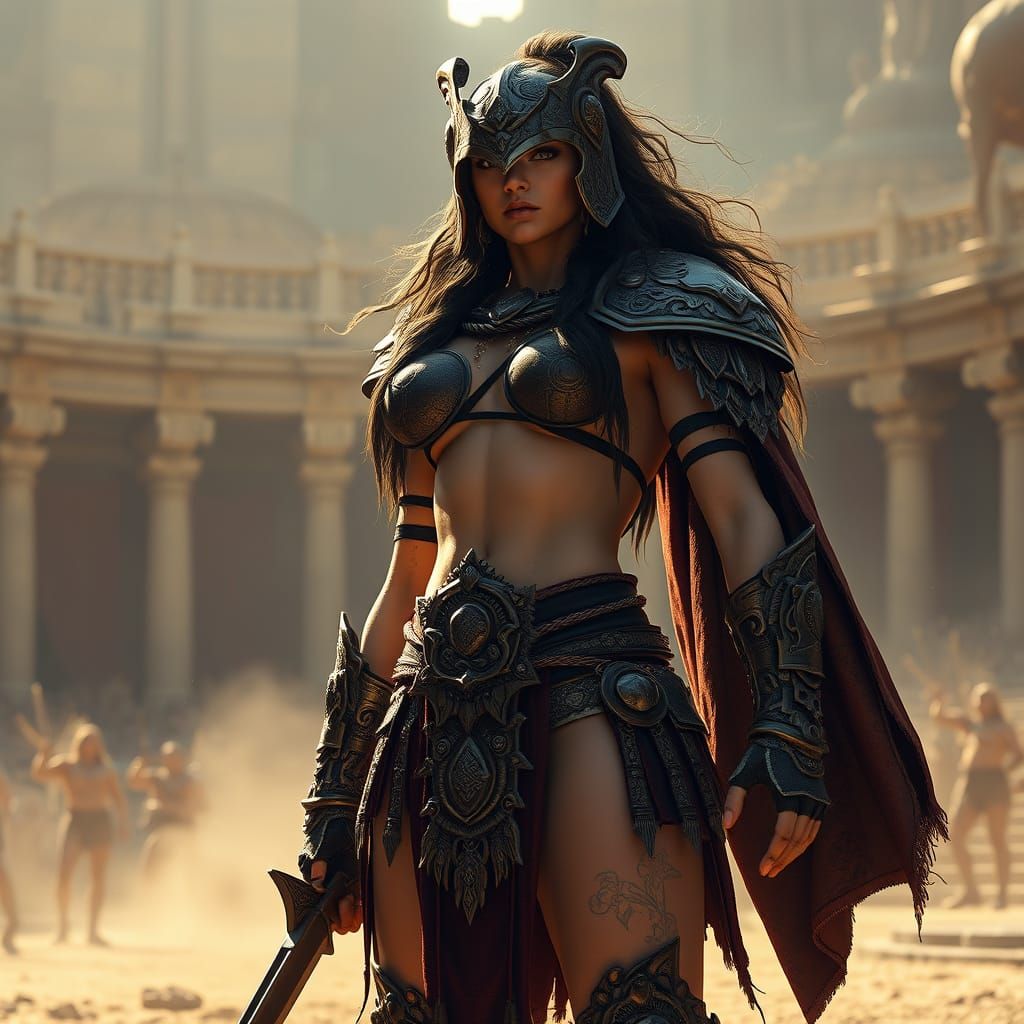 Towering Female Warrior in Ancient Arena, Photorealistic