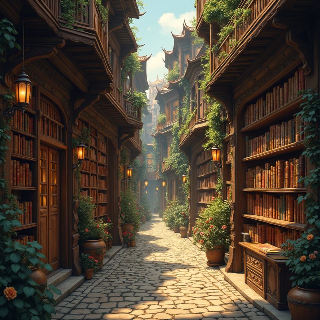 Whimsical Street Transformed into a River of Ancient Tomes