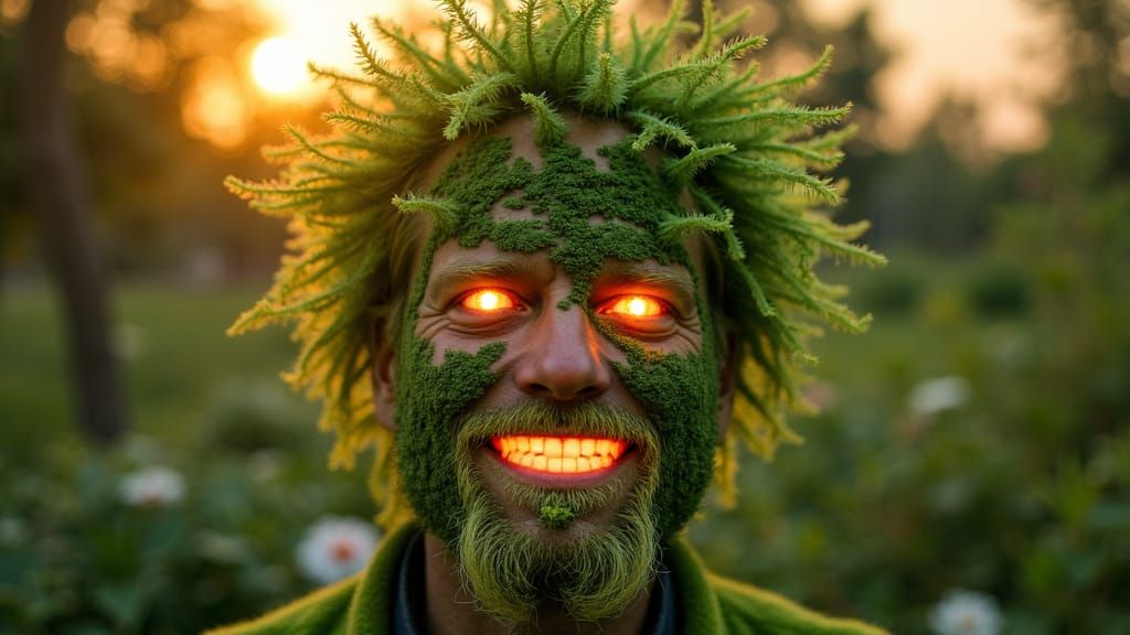 Surreal Plant Face with Crystal Teeth and Lightning Eyes