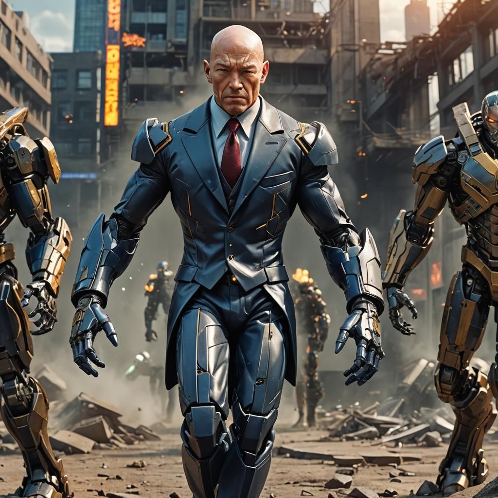 Hyperrealistic Professor X Action Figure in Dystopian Future