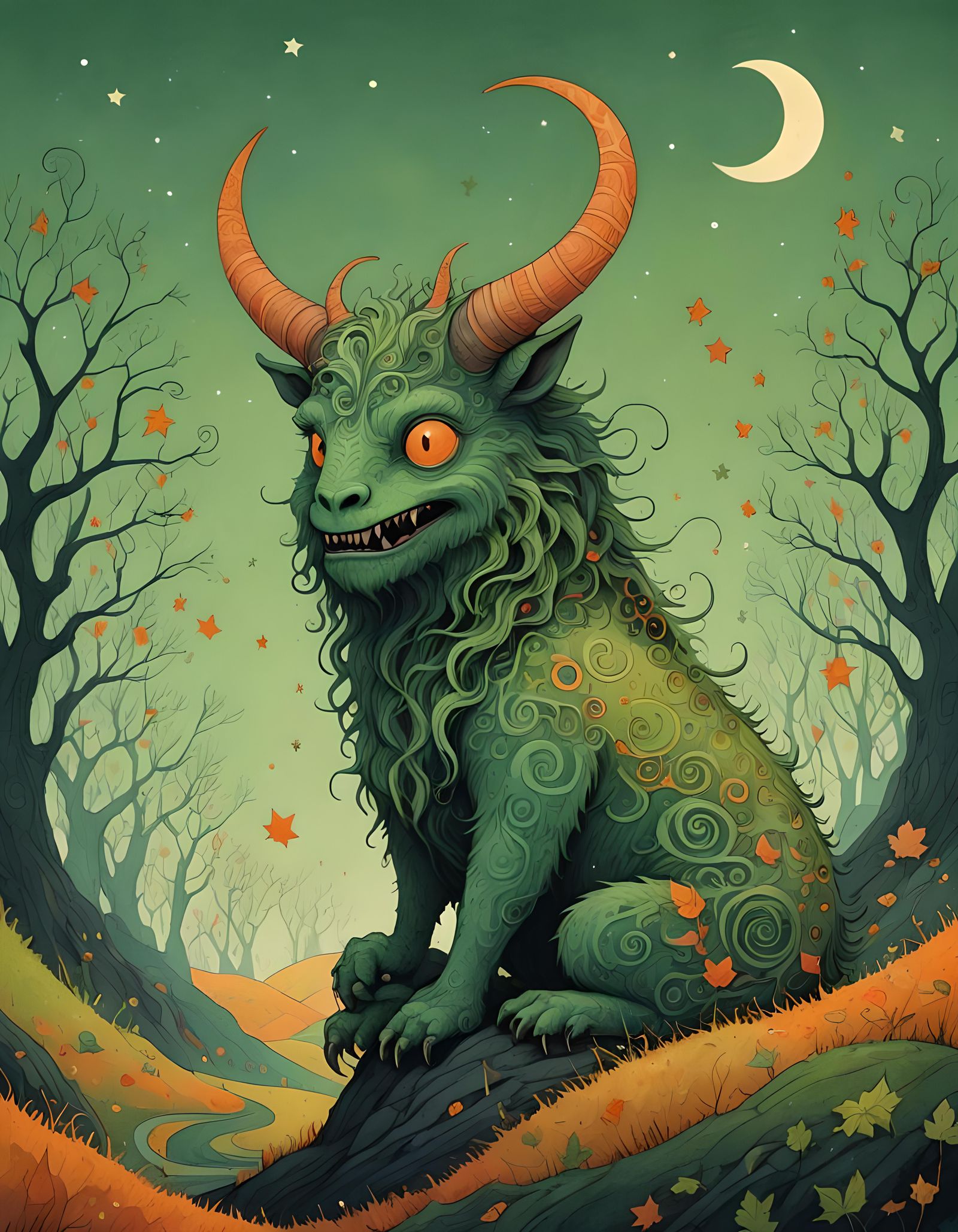 Cute Hairy Monster on Green Hill at Dusk