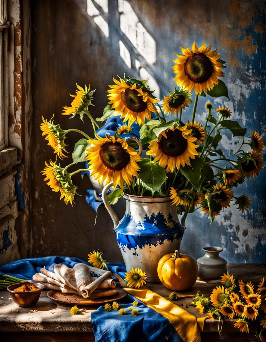 Sunflowers and Delft Blue Flowers Still Life