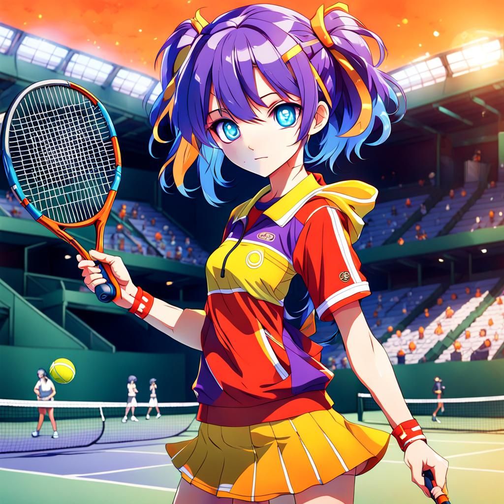 Anime Girl on Tennis Court in Cel-Shaded Style