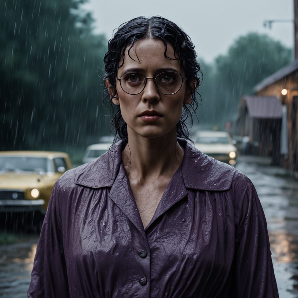 Hyper-Realistic Portrait of Pregnant Woman in Rainy Cityscap...