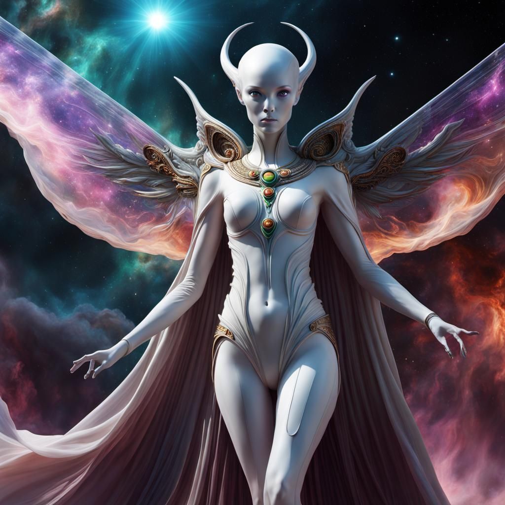 Ethereal Alien Woman in Galactic Landscape