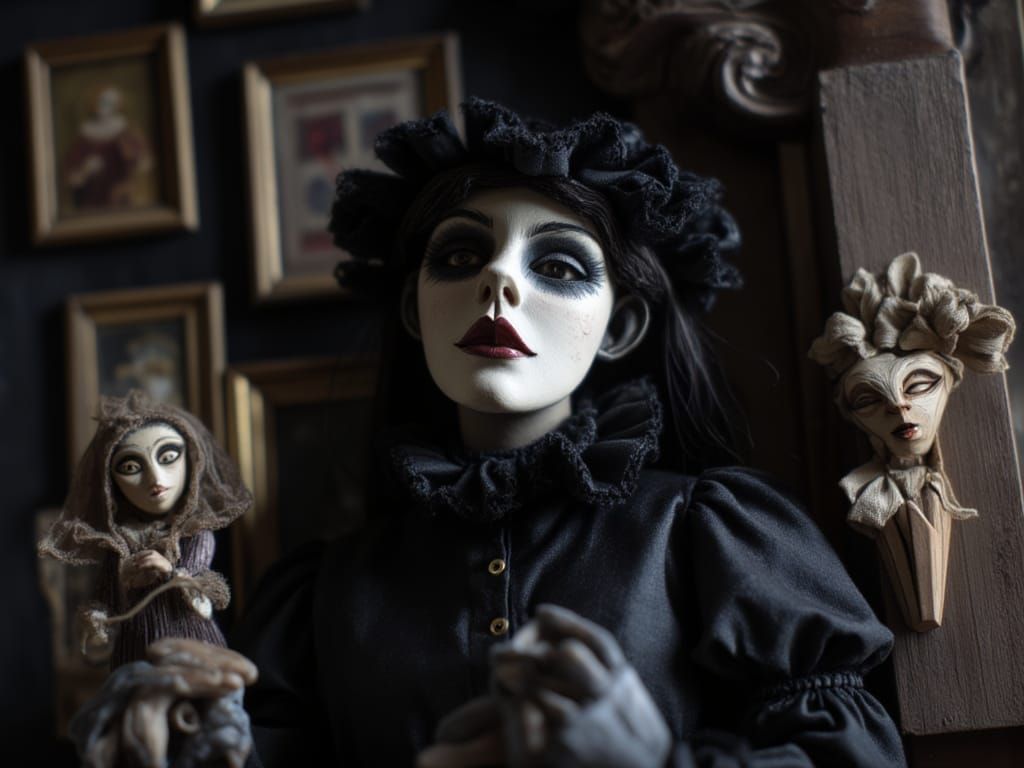 Goth Girl in Ornate Gilded Frame, Dark Atmospheric Scene