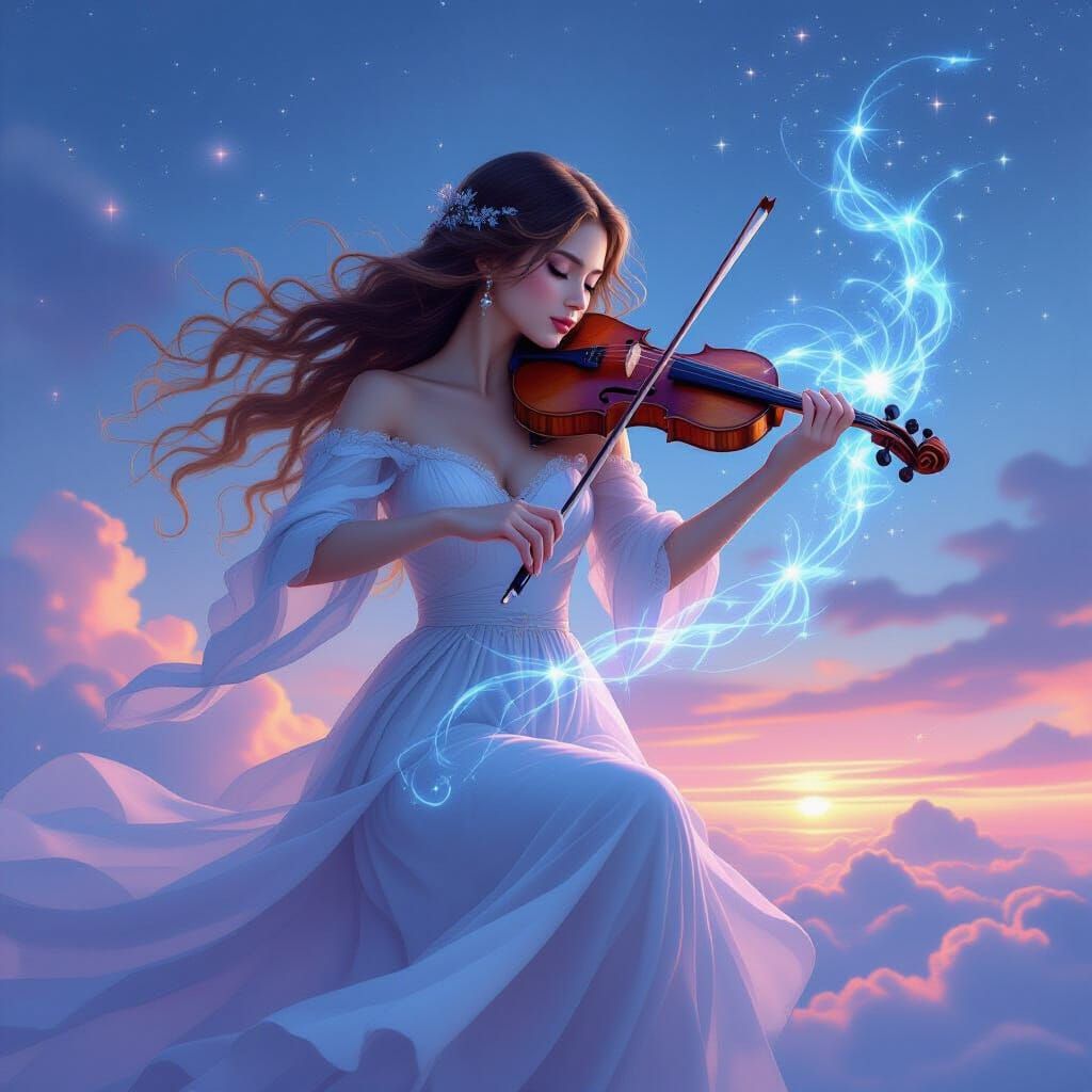 Woman Playing Violin in Twilight Sky