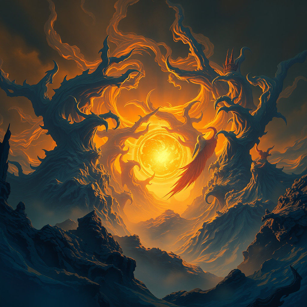 Mystical Realm Matte Painting in Rich Blues and Golds