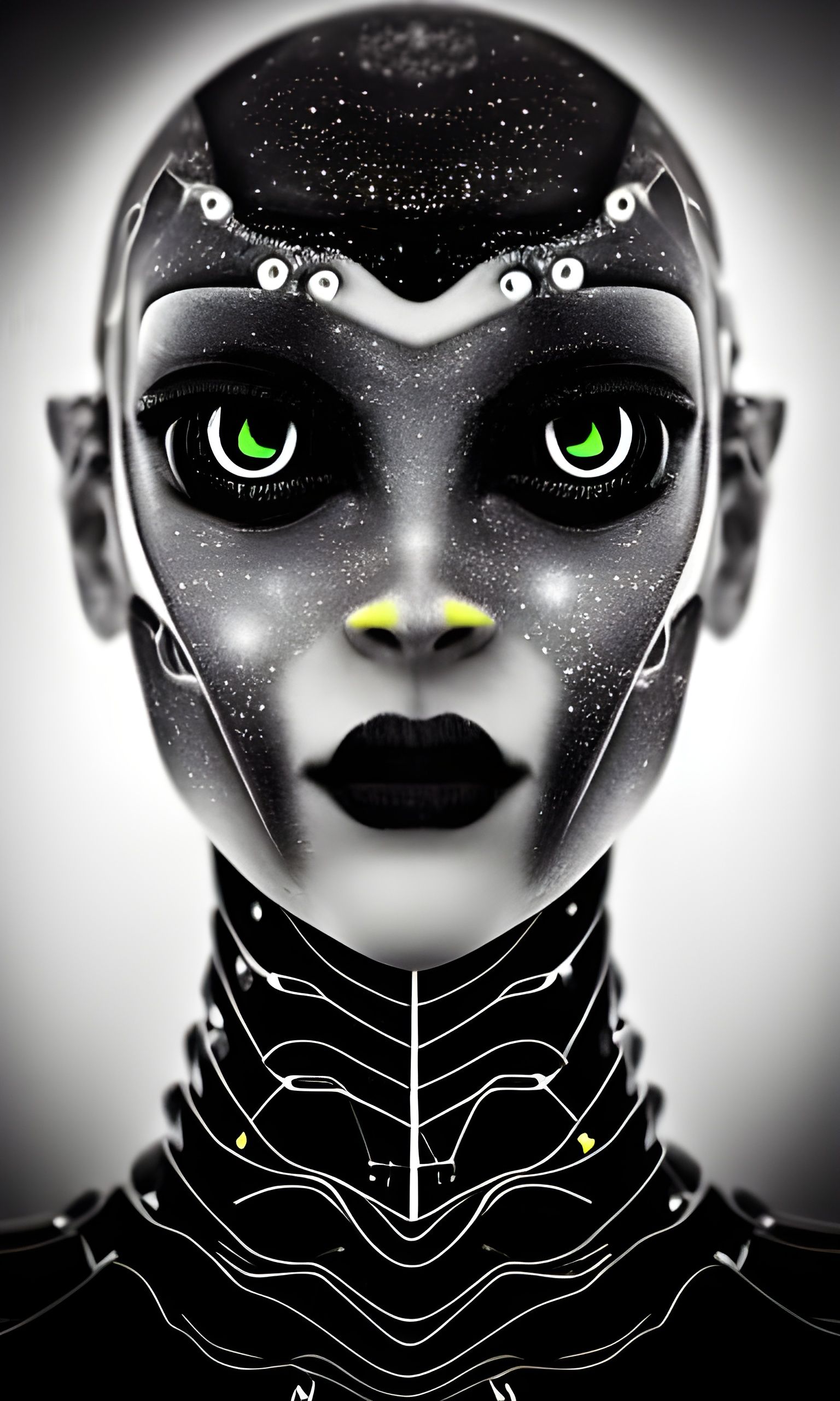 Futuristic Bug-Eyed Humanoid in Cosmic Astral Scene