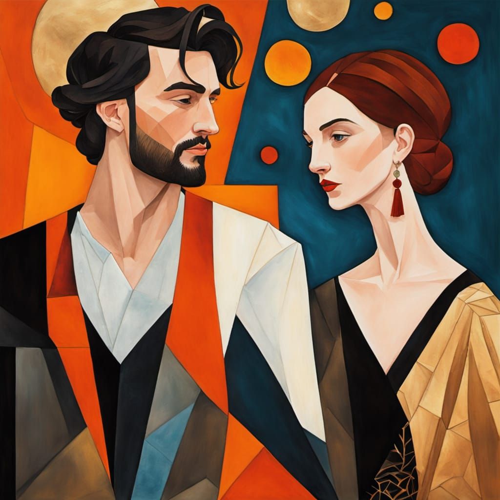 Art Deco Couple Portrait with Celestial Geometry