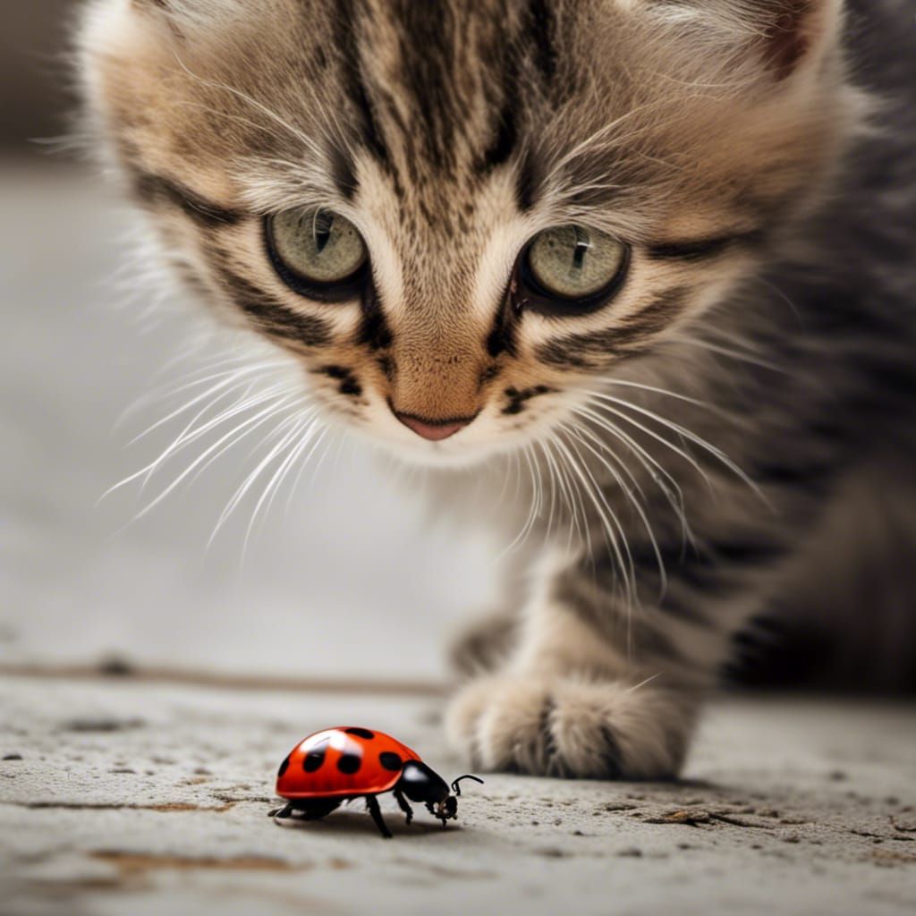 Kitten Playing with Ladybug in Blotched Ink Style