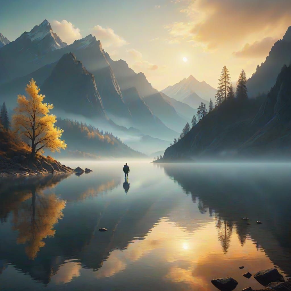 Luminous Surrealism: Lone Figure at Serene Lake