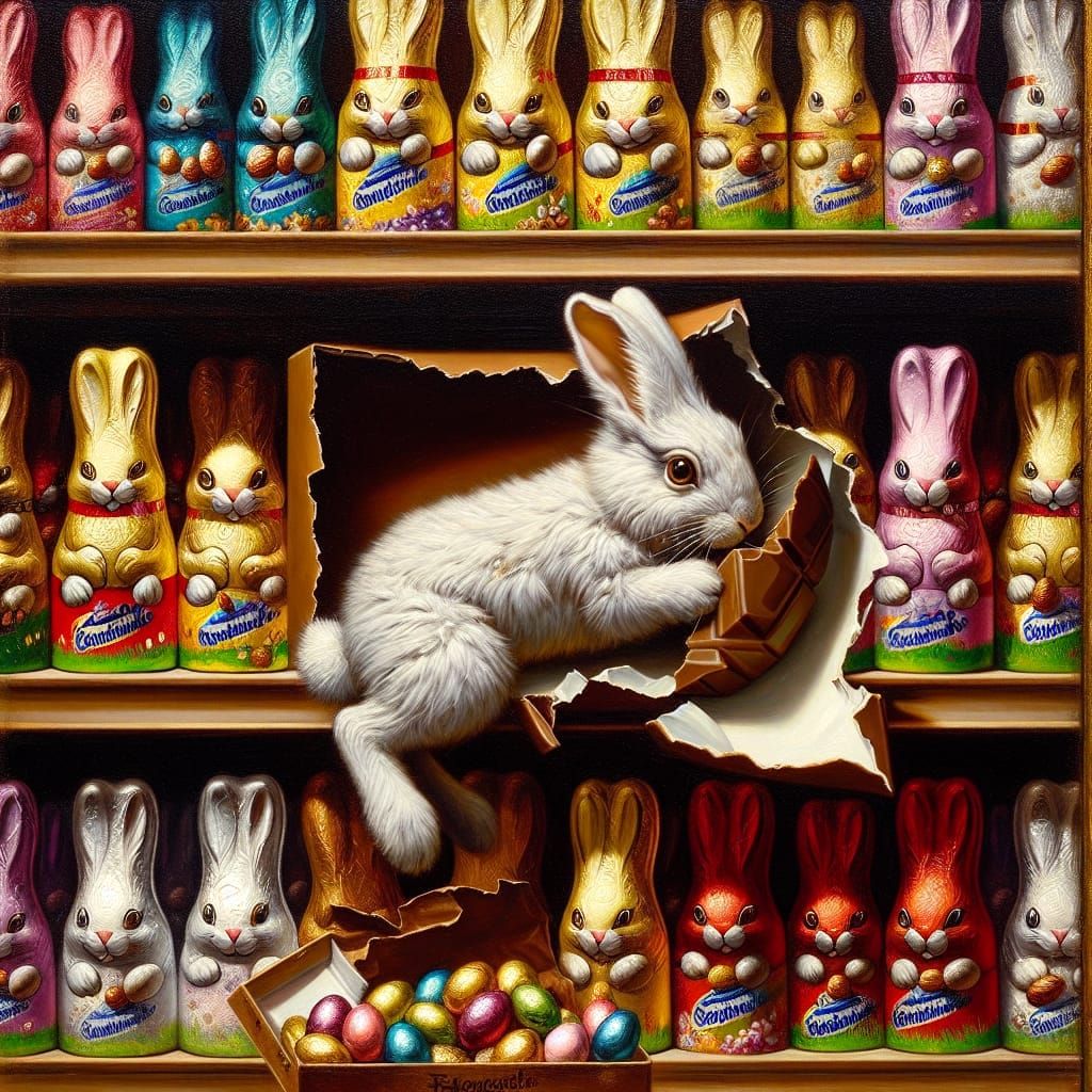 Whimsical Old Master Oil Painting of Rabbit Breaking Free fr...