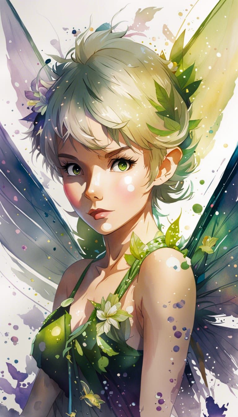 Detailed Watercolor Portrait of Tinkerbell as Anime Art