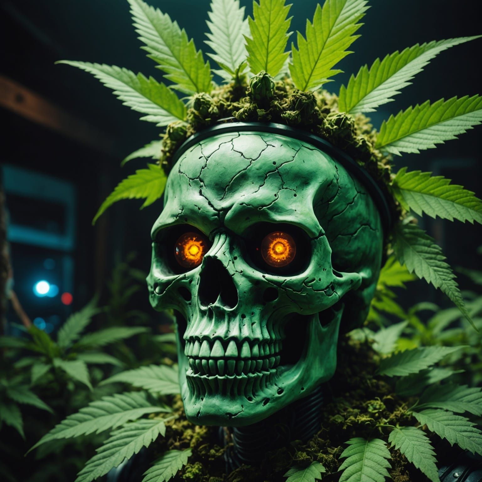 Giant Marijuana Skull Pipe Statue in Cinematic Style