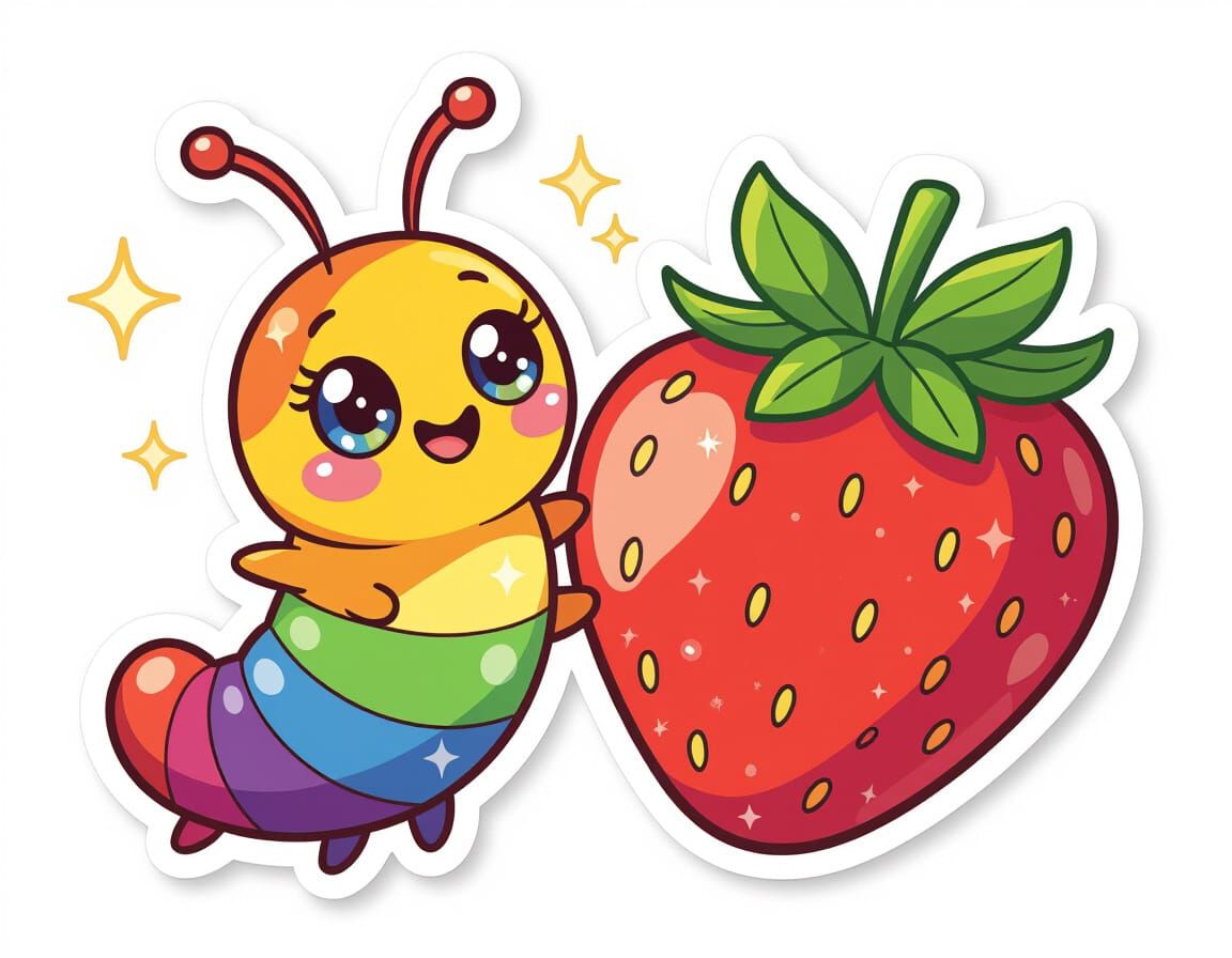 Excited Rainbow Caterpillar and Strawberry Cartoon