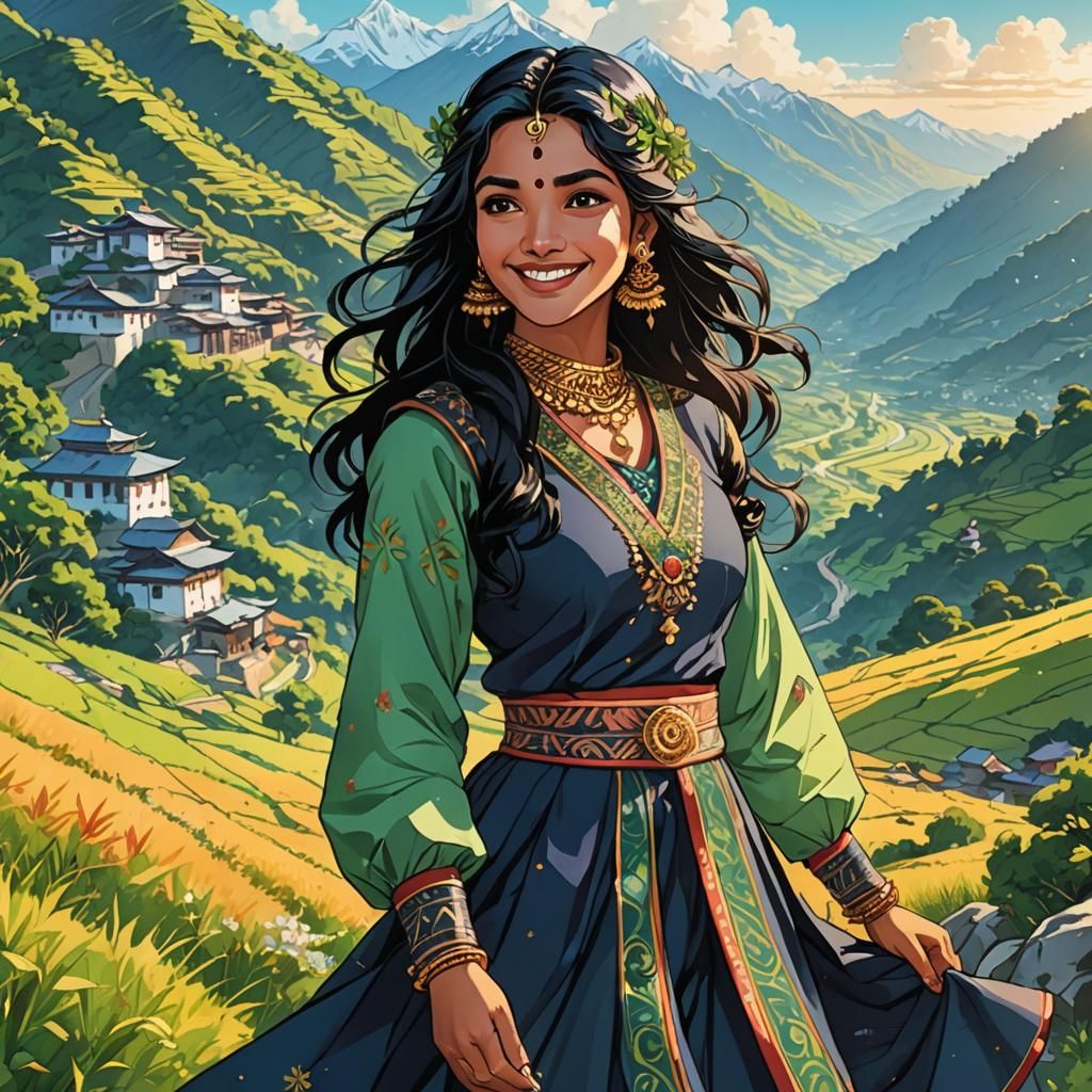 Vibrant Pahadi Girl in Himalayan Landscape, Anime-Style Illu...