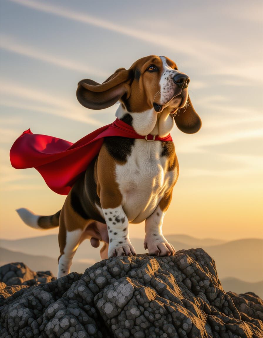 Heroic Basset Hound on Cliff at Sunset