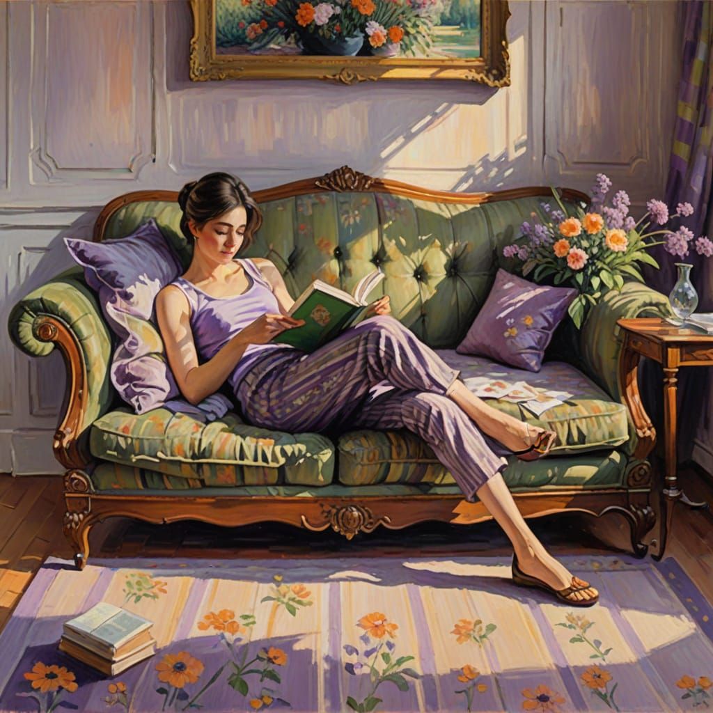 Woman in Impressionist Oil Painting with Floral Sofa