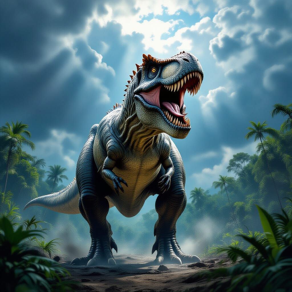 Fearsome T-Rex Roaring in Prehistoric Jungle
