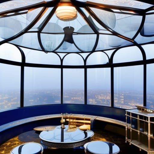 Glass dome penthouse with circular windows& Circular silver furniture& Circular silver tables& lots of bright light& lot...