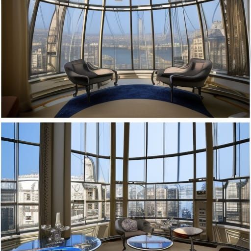 Glass dome penthouse with circular windows& Circular silver furniture& Circular silver tables& lots of bright light& lot...