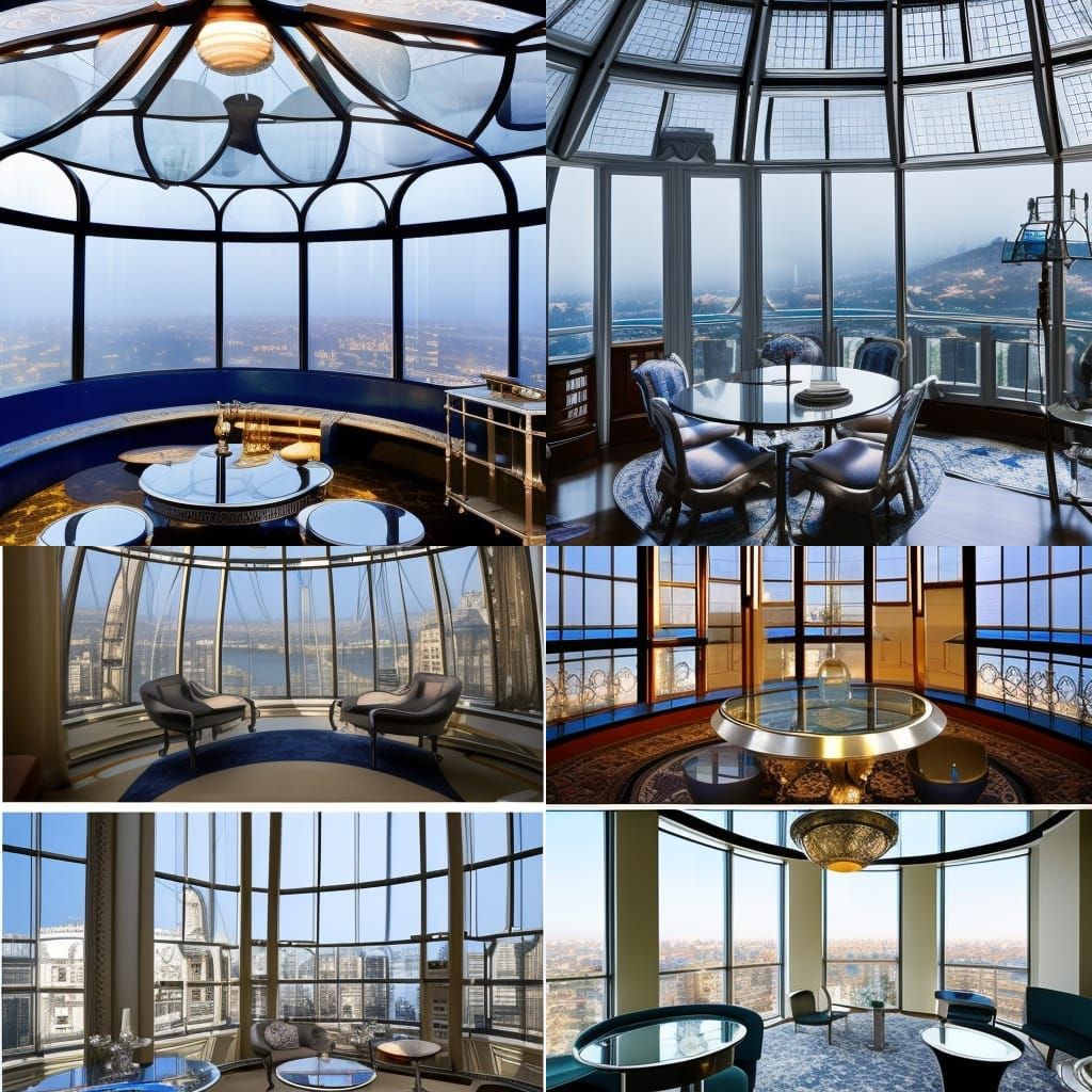 Glass dome penthouse with circular windows& Circular silver furniture& Circular silver tables& lots of bright light& lot...