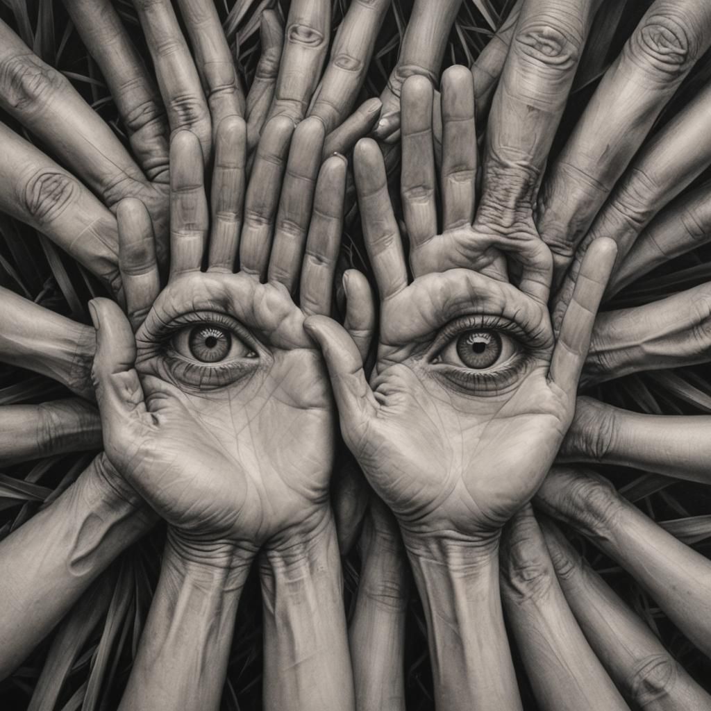 Hyperdetailed Charcoal Drawing: Eyes in Palms