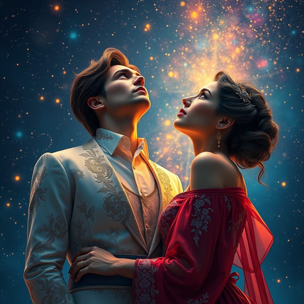 Elegant Couple Lost in Starry Night Sky