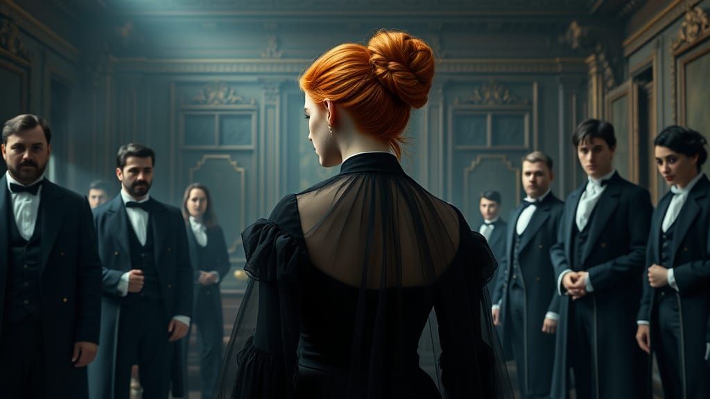 Regency-Era Lady Surrounded by Attorneys in a Richly Detaile...