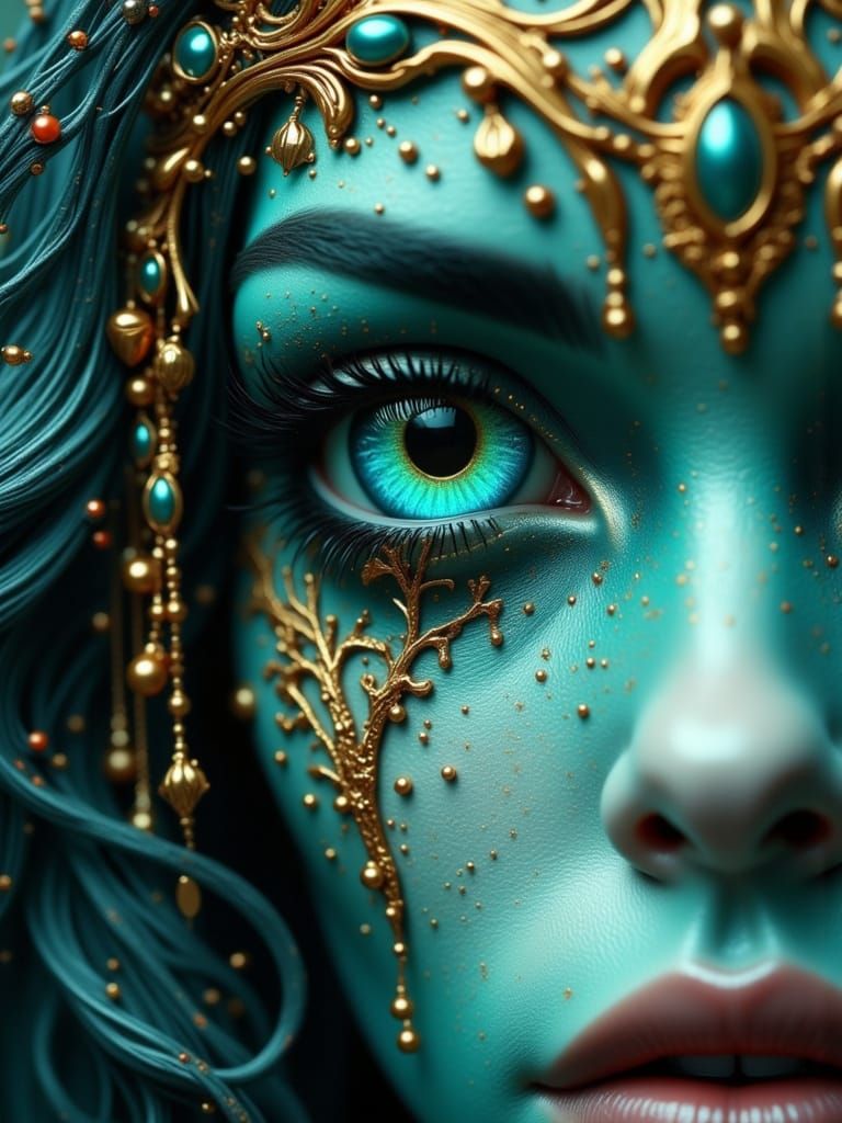 Dark Elf Woman Close-Up with Turquoise Skin and Gold Filigre...