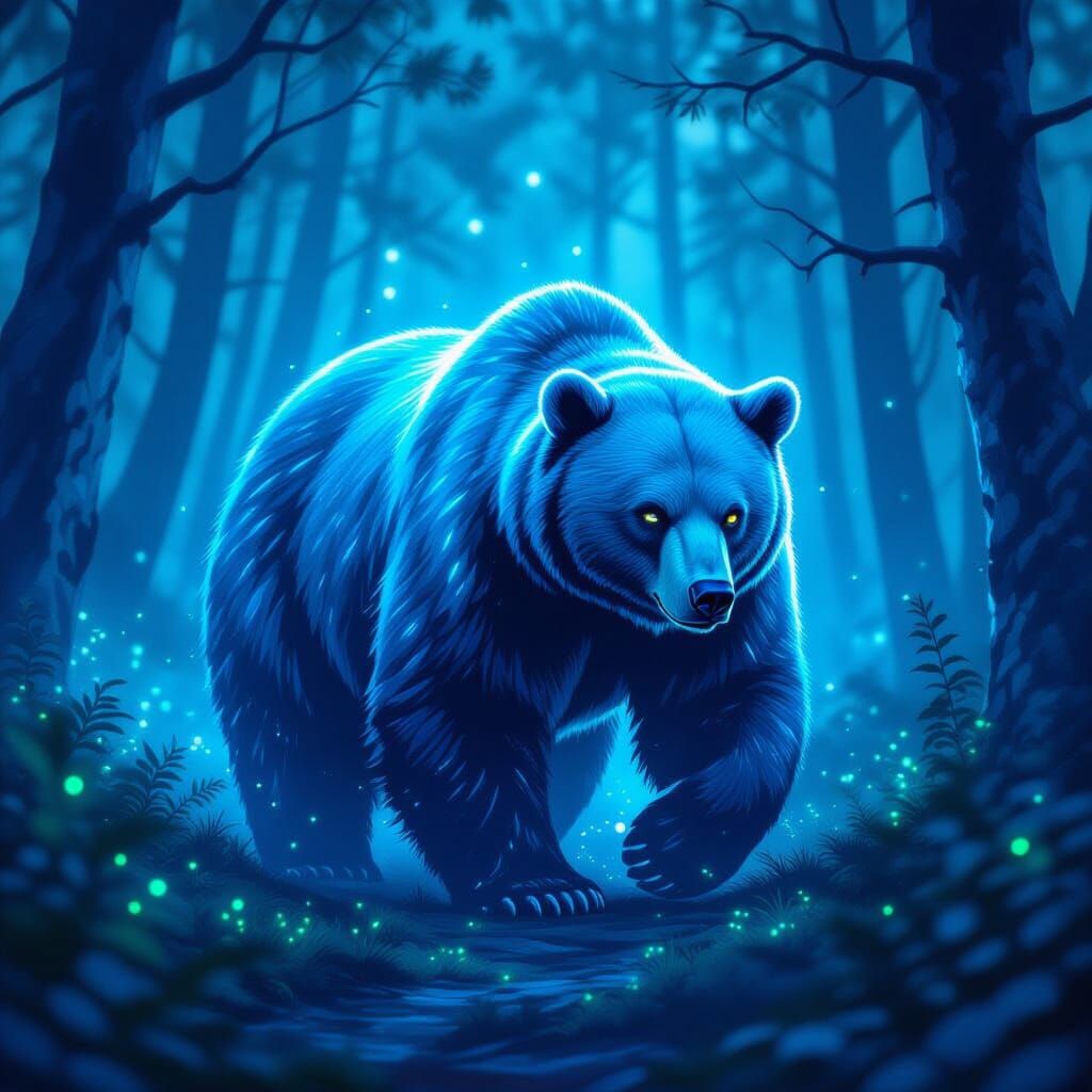 Bioluminescent Bear in Mystical Forest, Digital Art
