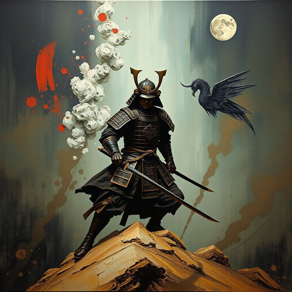 Samurai in Surreal Impasto Horror Landscape