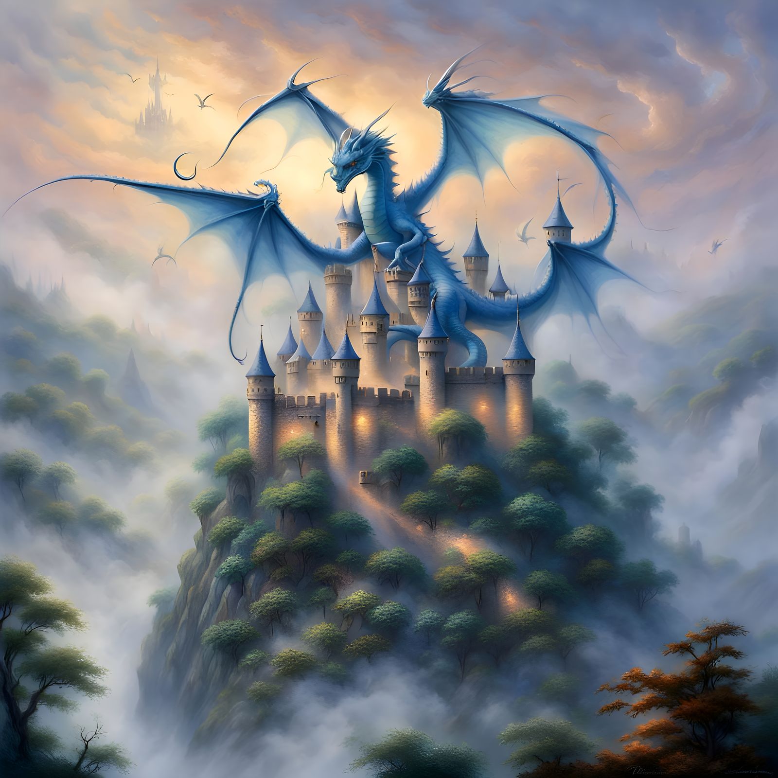 Five-Headed Blue Dragon Over Castle in Ethereal Fantasy Styl...
