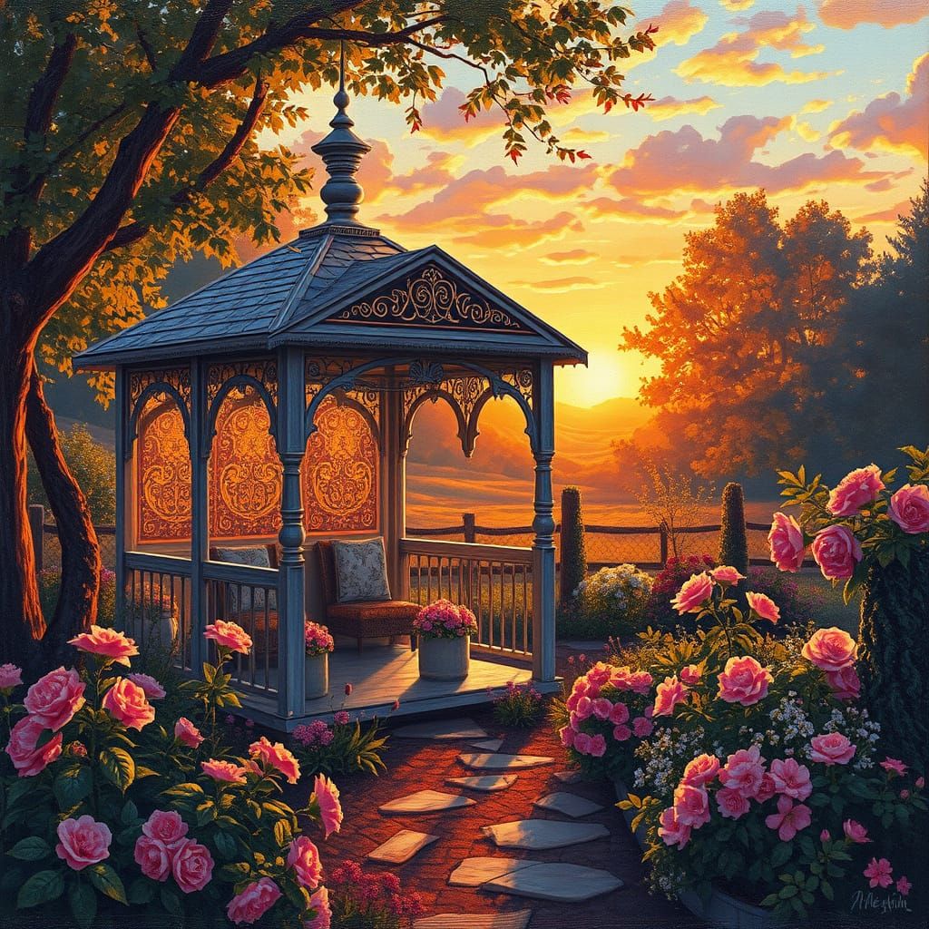 Decorated Love Shelter in Garden at Vivid Sunset