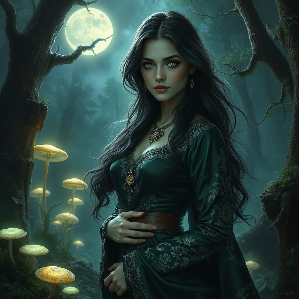 Mystical Woman in Enchanted Forest, Fantasy Concept Art