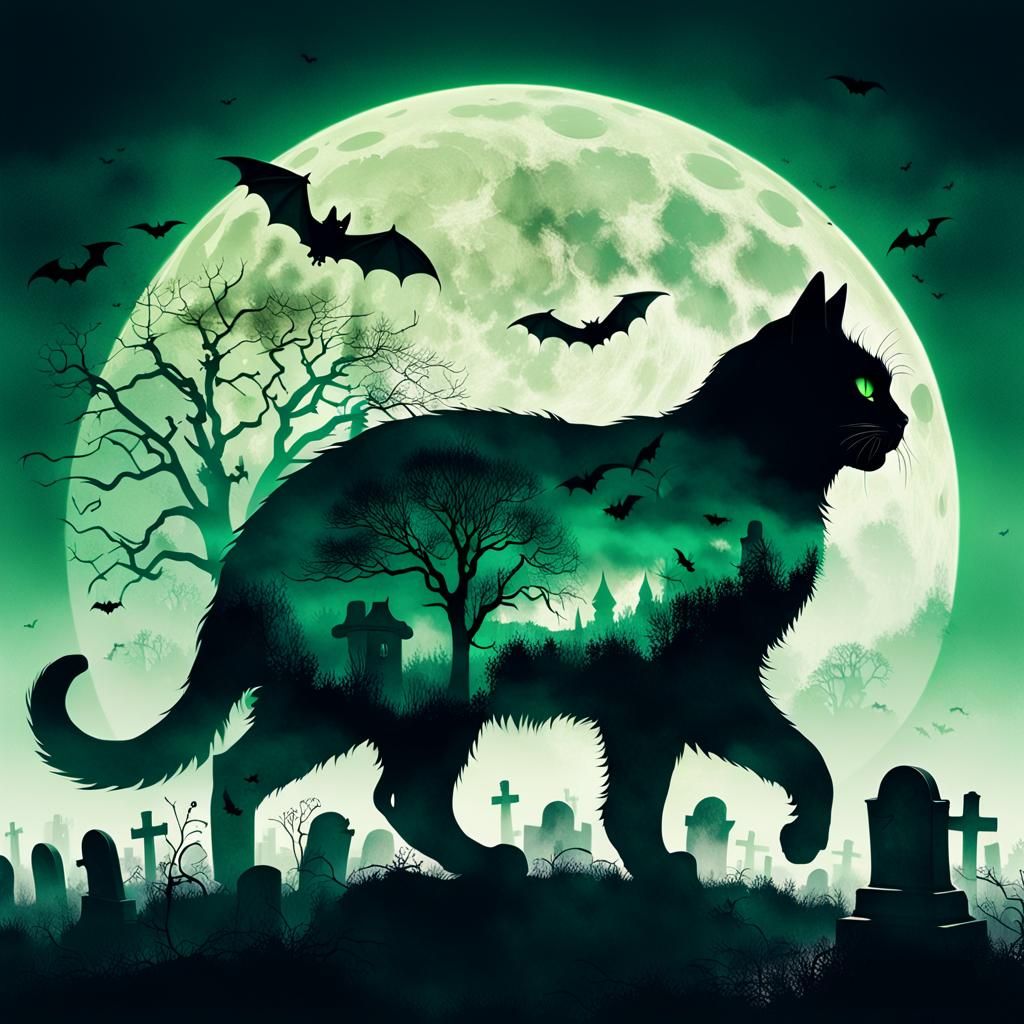 Surreal Graveyard Cat Double Exposure in Soft Colors