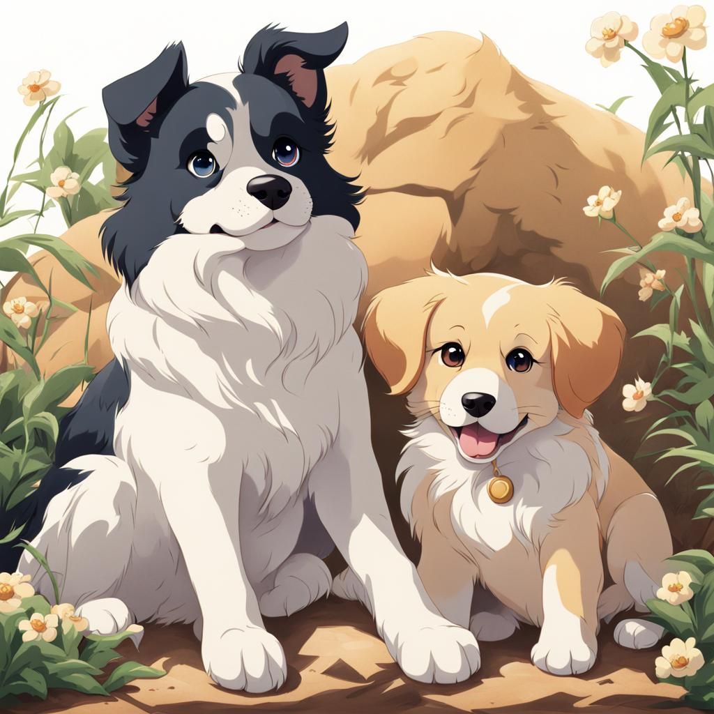 Dog and Puppy in Disney Cartoon Style