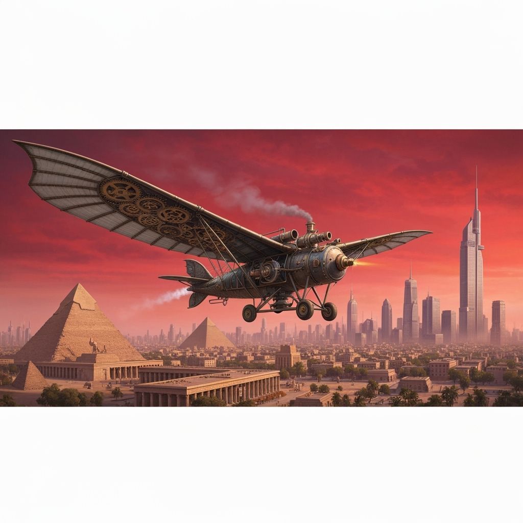 Steampunk Ornithopter Soaring Above Futuristic Metropolis