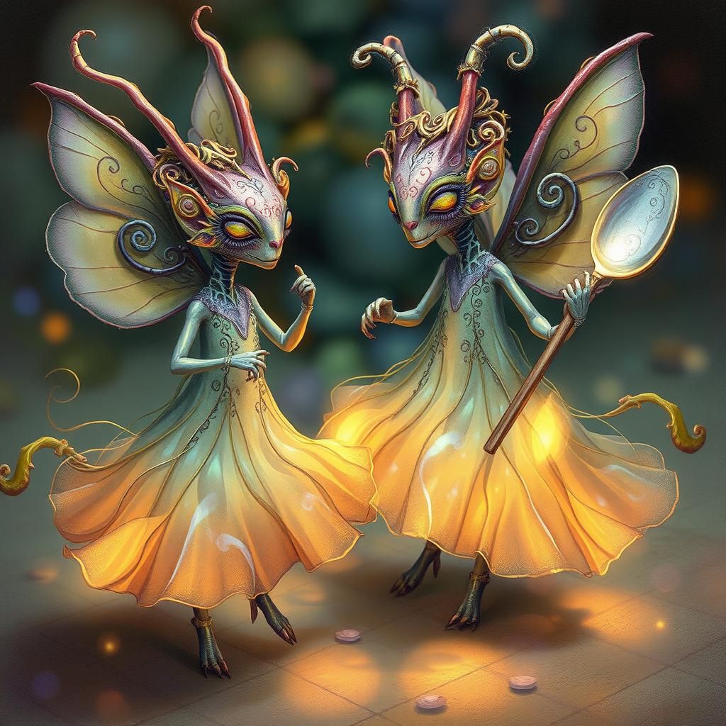 Dancing Iridescent Spoon Fairies in Fantasy Setting