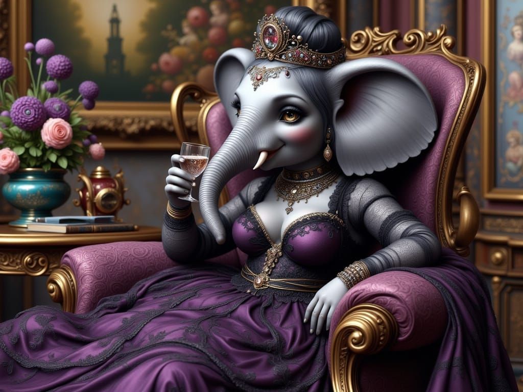 Elegant Victorian Elephant Sips Wine in Whimsical Setting