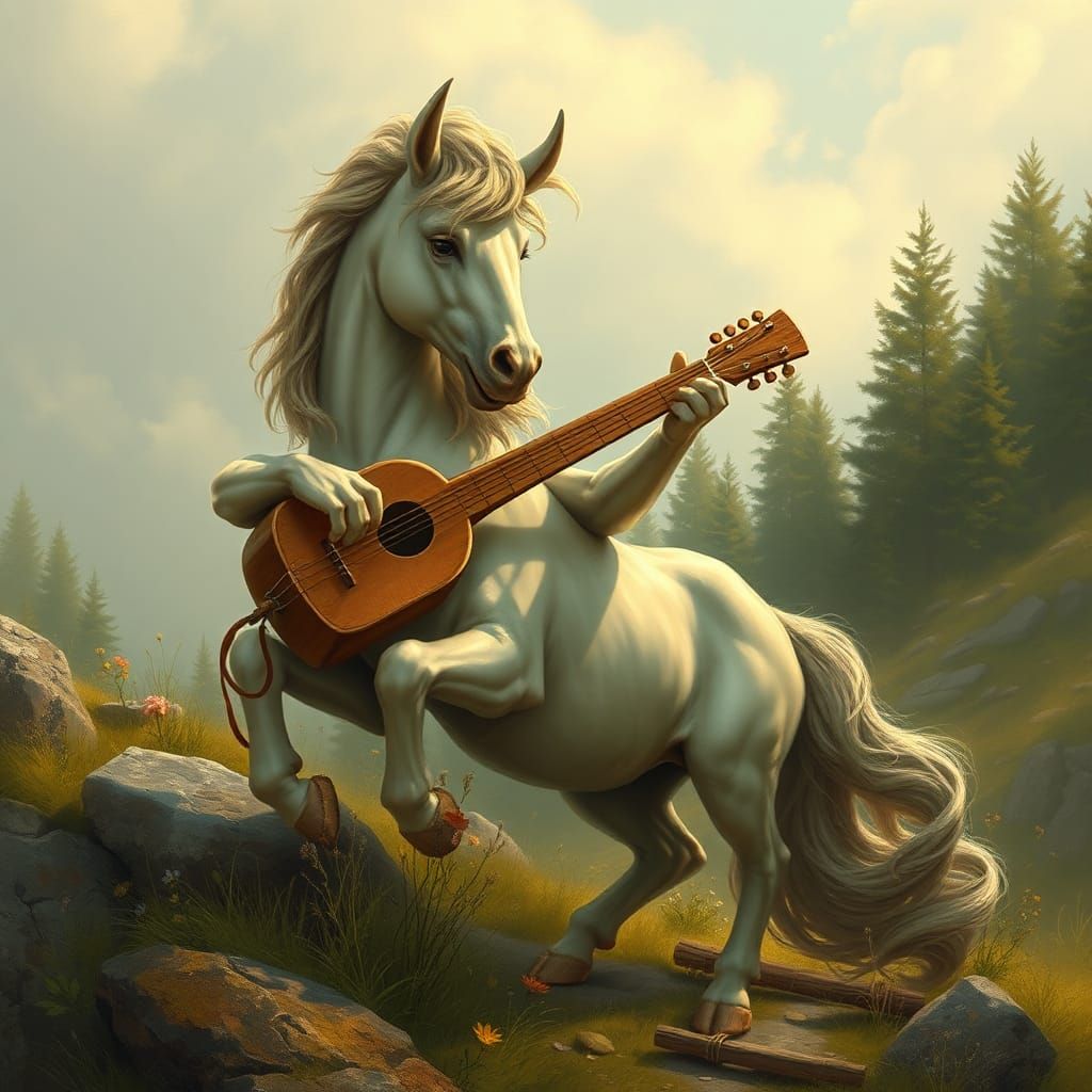 A peaceful scene featuring a centaur playing a musical instrument or interacting with nature.